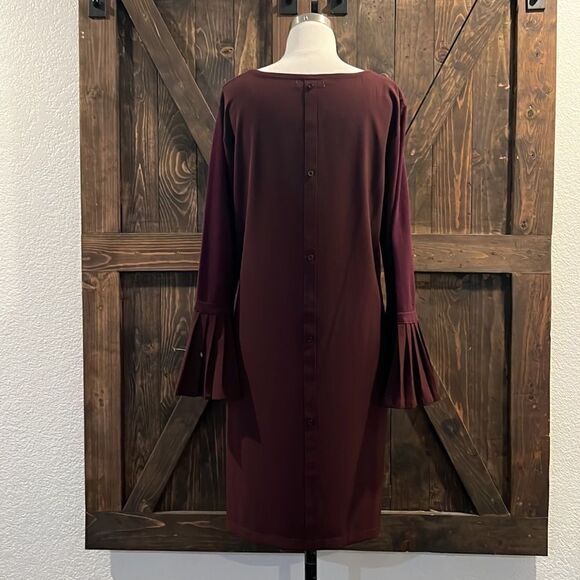 New York & Company Maroon Burgundy Purple Bell Sleeves Shift Dress back button M - Picture 4 of 11
